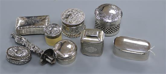 A Dutch silver snuff box and a collection of small silver boxes, etc,